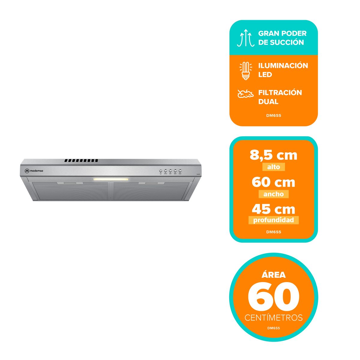 MADEMSA - Campana de Cocina Extractora 60cm Gran Poder Succión DM6SS