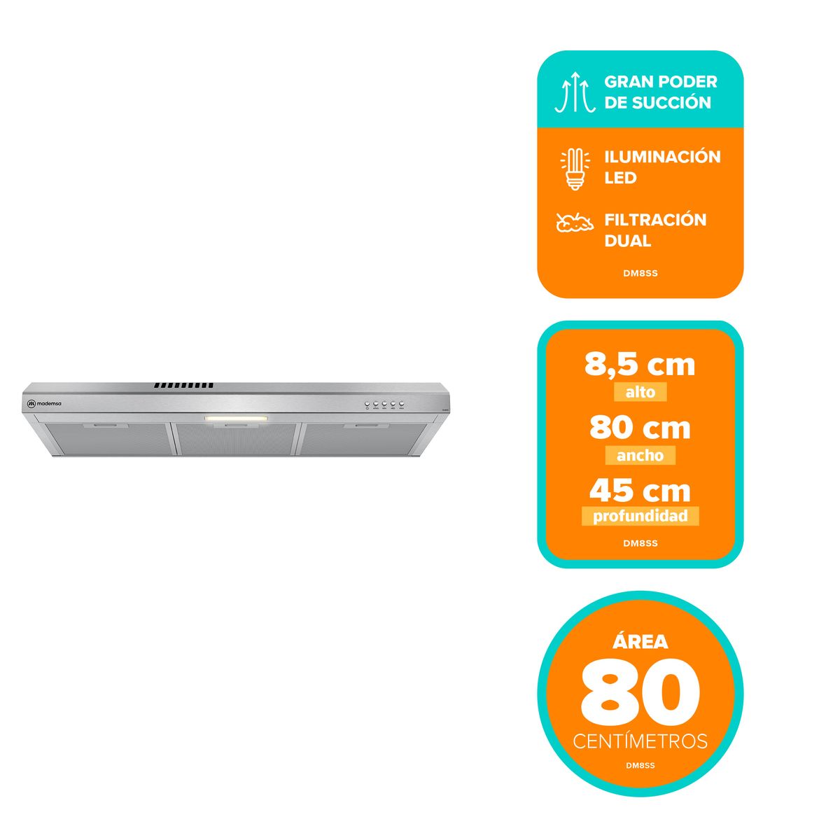 MADEMSA - Campana de Cocina Extractora 80cm Gran Poder Succión DM8SS