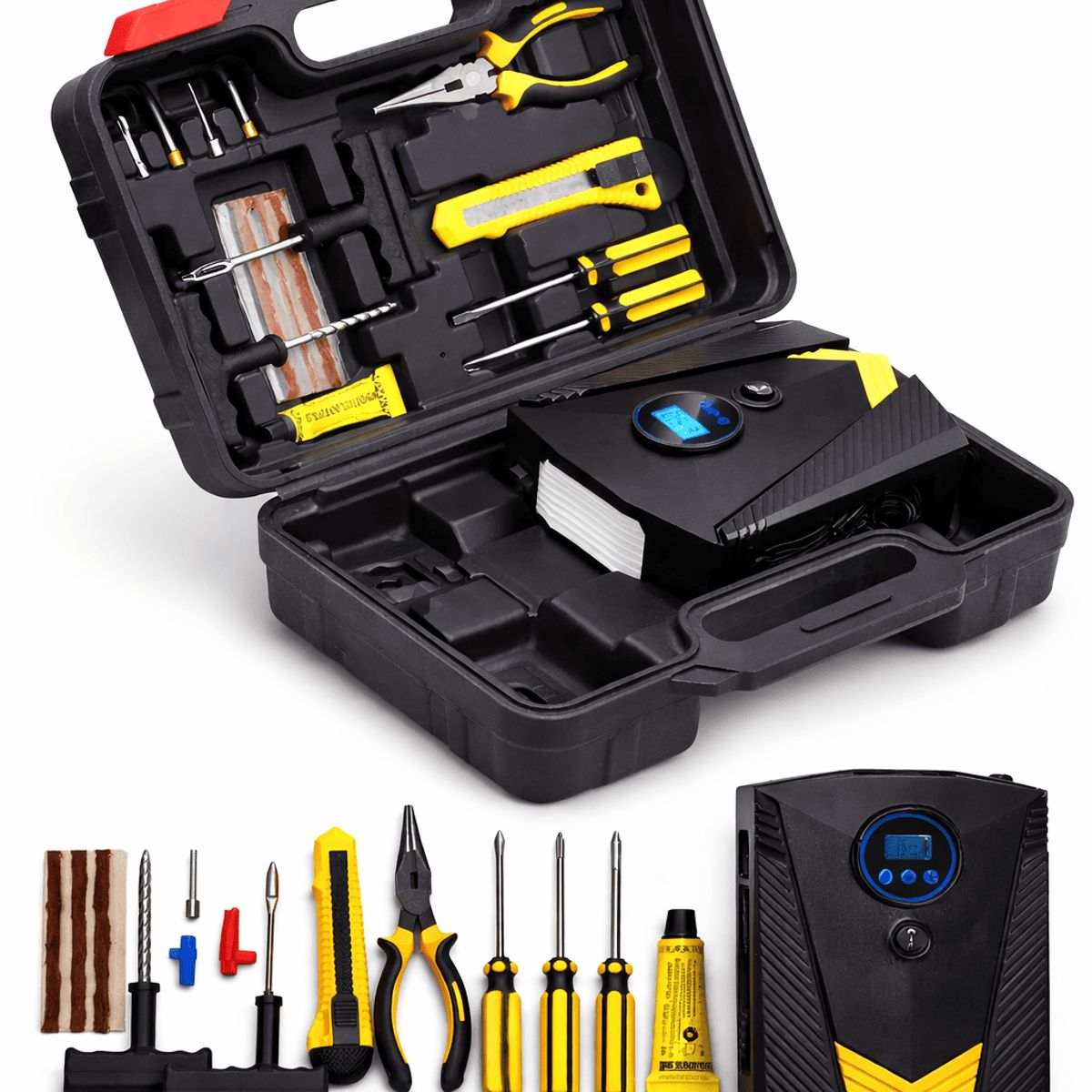 GENERICO - Kit Compresor de Aire Portátil 12V para Auto con Reparación de Neumáticos y Herramientas