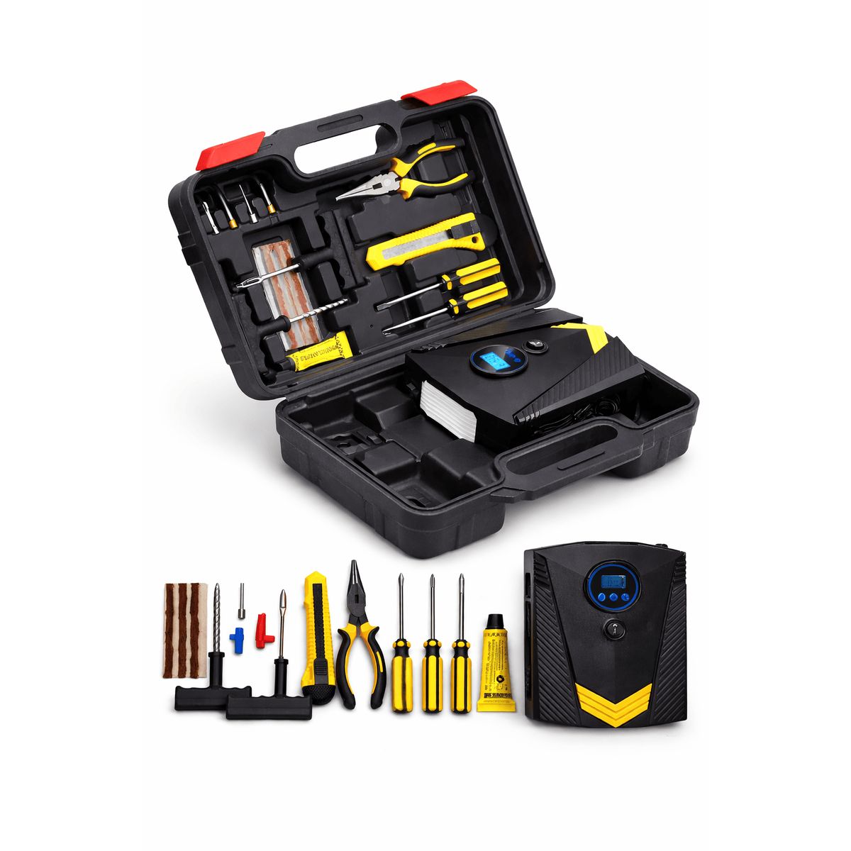 GENERICO - Kit Compresor de Aire Portátil 12V para Auto con Reparación de Neumáticos y Herramientas