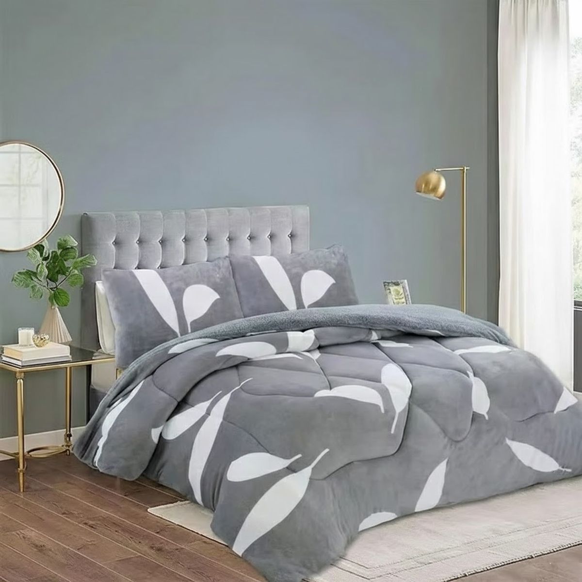 GENERICO - PLUMON CON CHIPORRO PLUSH DISEÑO GRIS HOJAS ELEGANTE 2 PLAZAS  GSOL