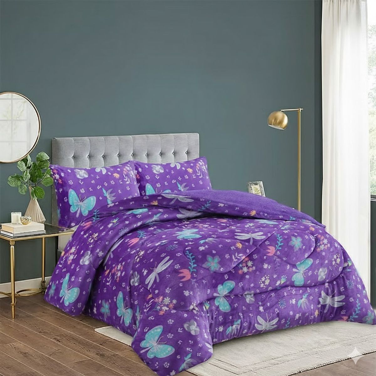 GENERICO - PLUMON CON CHIPORRO PLUSH DISEÑO MORADO MARIPOSAS ELEGANTE 2 PLAZAS  GSOL