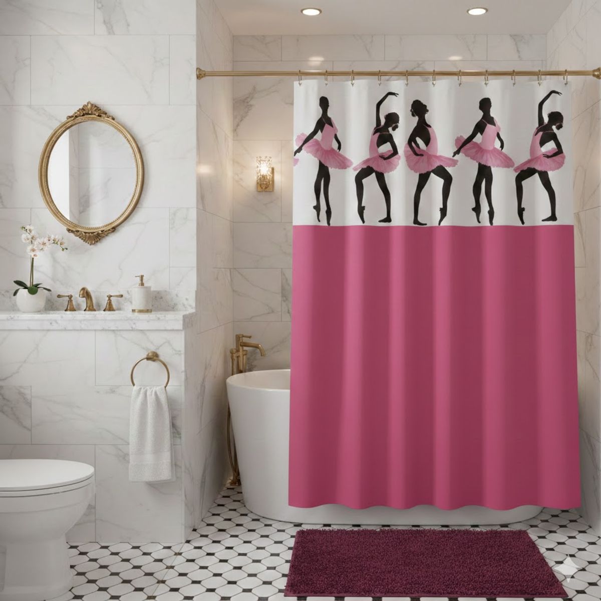 DIANA - CORTINAS DE BAÑO IMPERNEABLES CON ELEGANTES Y MODERNOS DISEÑO DE BAILARINAS ROSA 180CM X 180VM