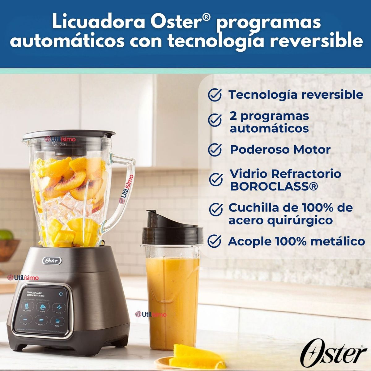 OSTER - Licuadora Oster® programas automáticos tecnología reversible,táctil y vaso BLend-N-Go BLSTPYG1312XBG