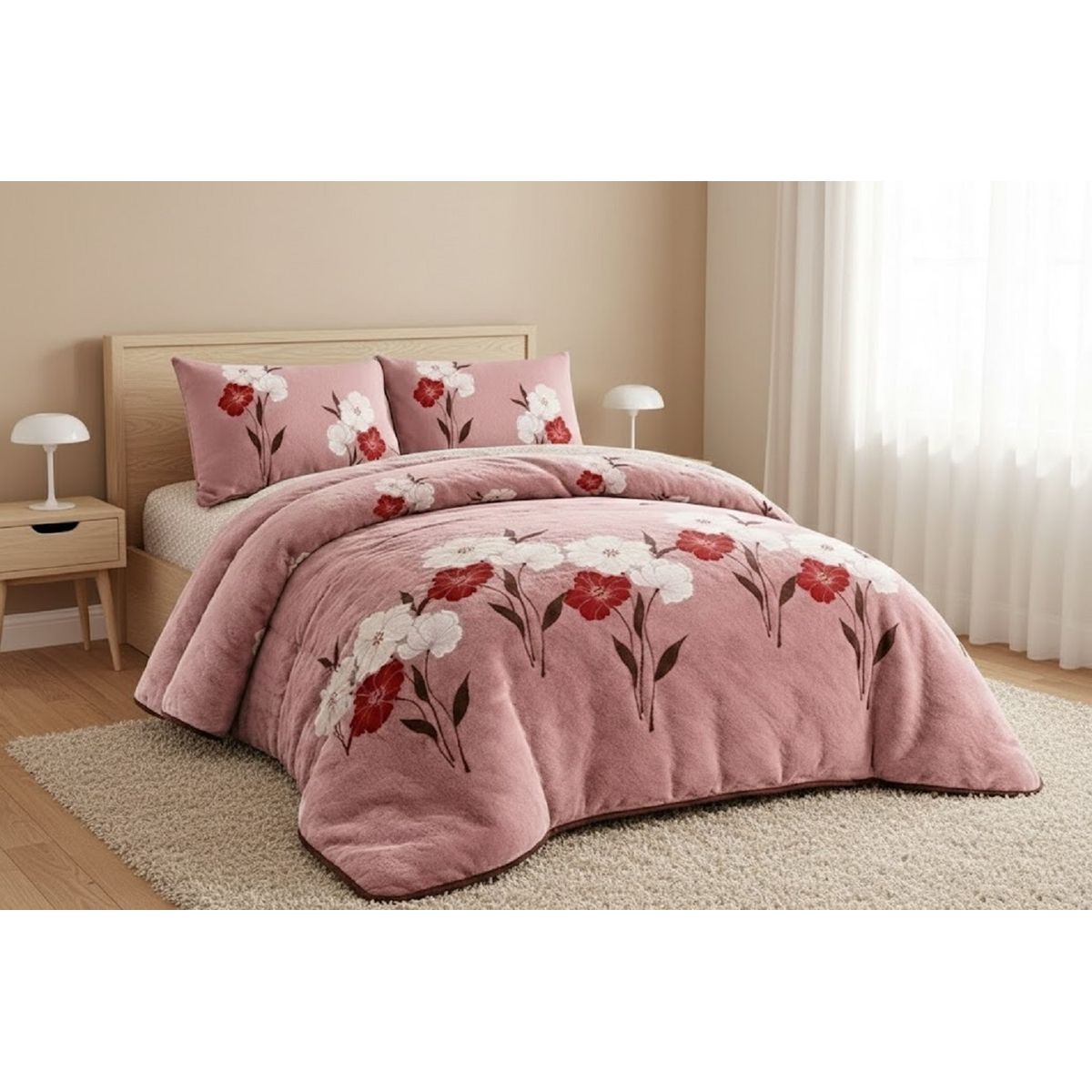 GENERICO - PLUMON CON CHIPORRO PLUSH DISEÑO FLORES COLOR ROSA ELEGANTE 2 PLAZAS  GSOL