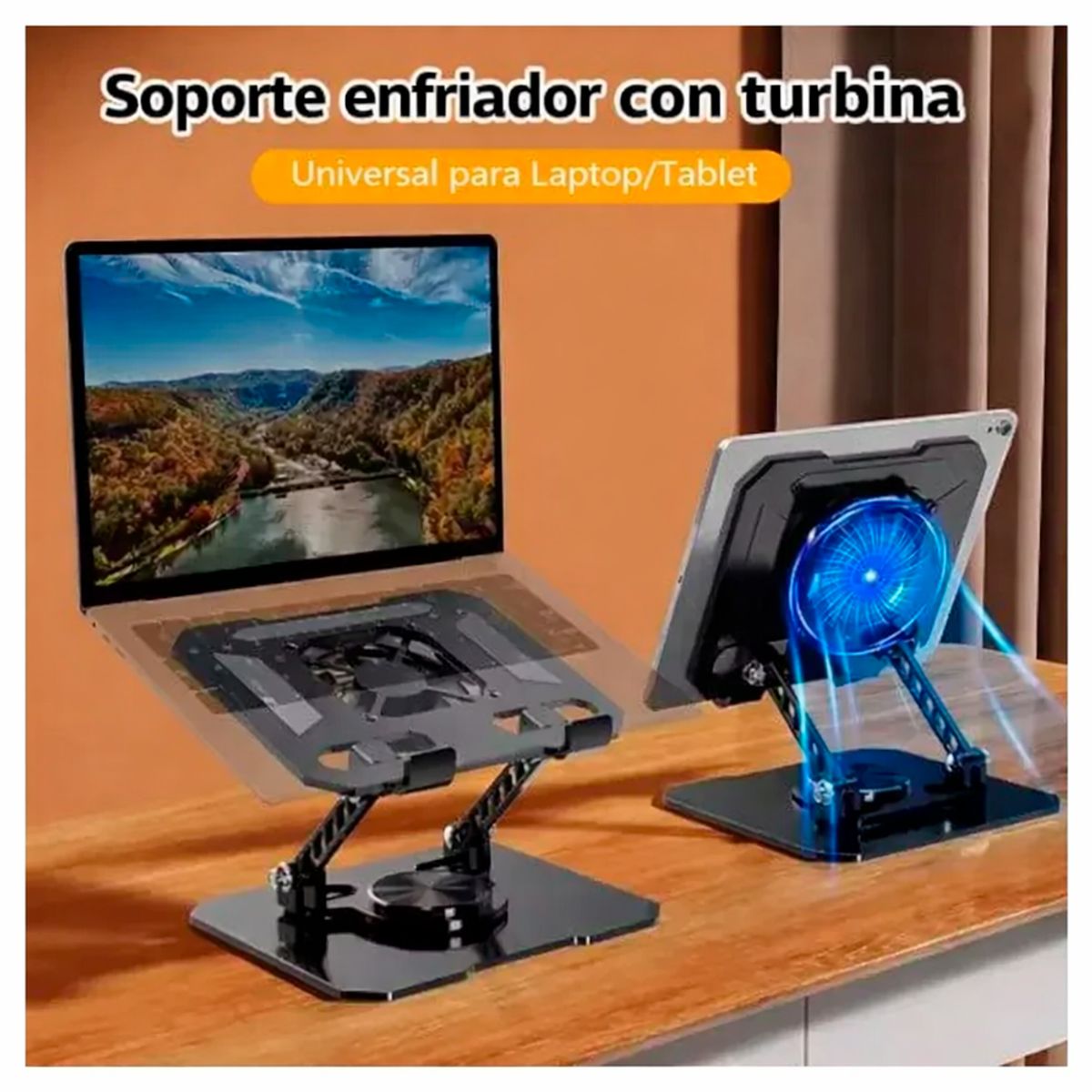 IRM - Soporte Para Laptop Notebook Y Tablet De Aluminio Ajustable Base Giratoria 360 Ventilador Usb