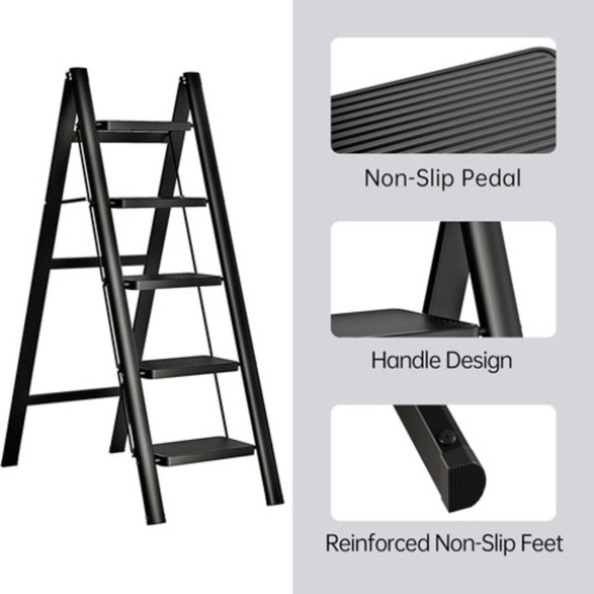 GENERICO - Escalera Banqueta Plegable 5 Escalones Tijera Aluminio Negro