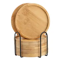 GENERICO - Set 4 Posavasos Circulares de Bambú con Soporte
