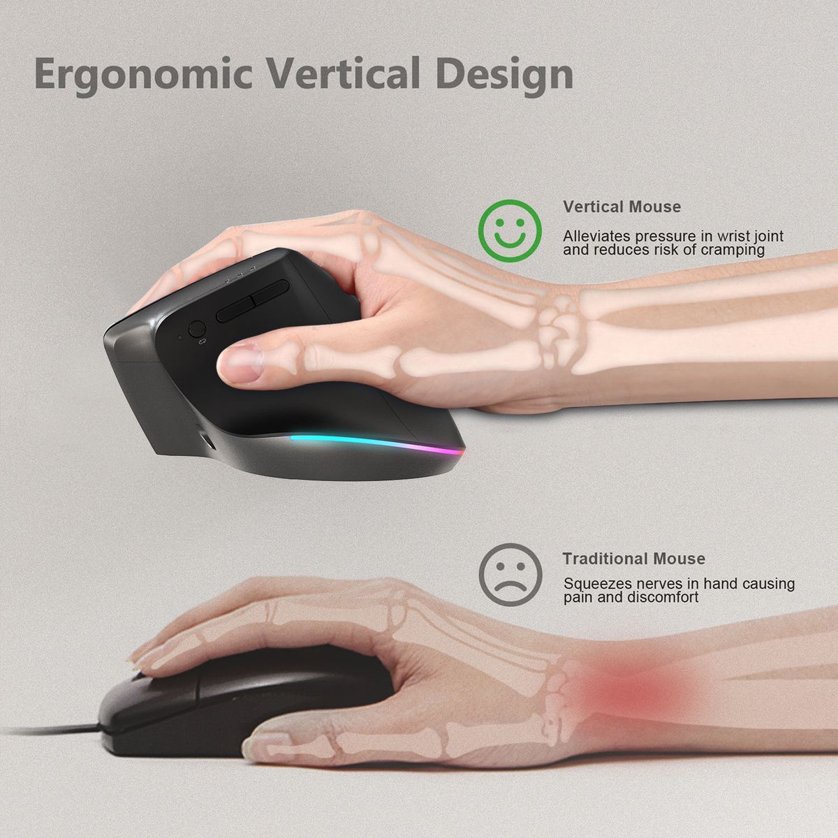 VIDITA - Mouse Vertical Inalámbrico Recargable RGB 2.4G + Dual Bluetooth USB Ergonómico 2400DPI