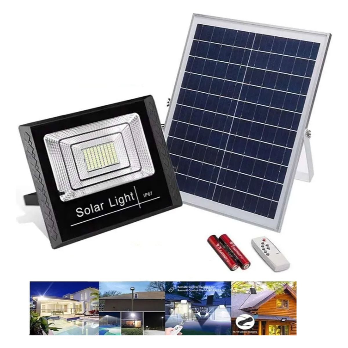 GENERICO - Lampara Foco Solar Led 40w + Panel Solar + Control Remoto Negro Blanco