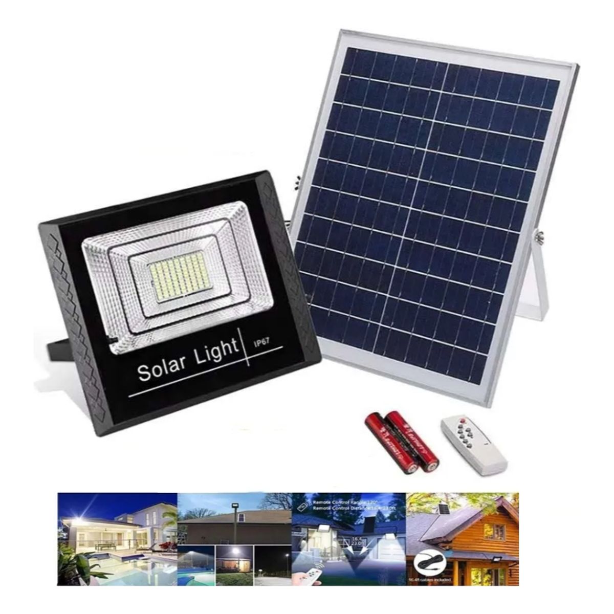GENERICO - Lampara Foco Solar Led 40w + Panel Solar + Control Remoto Negro Blanco