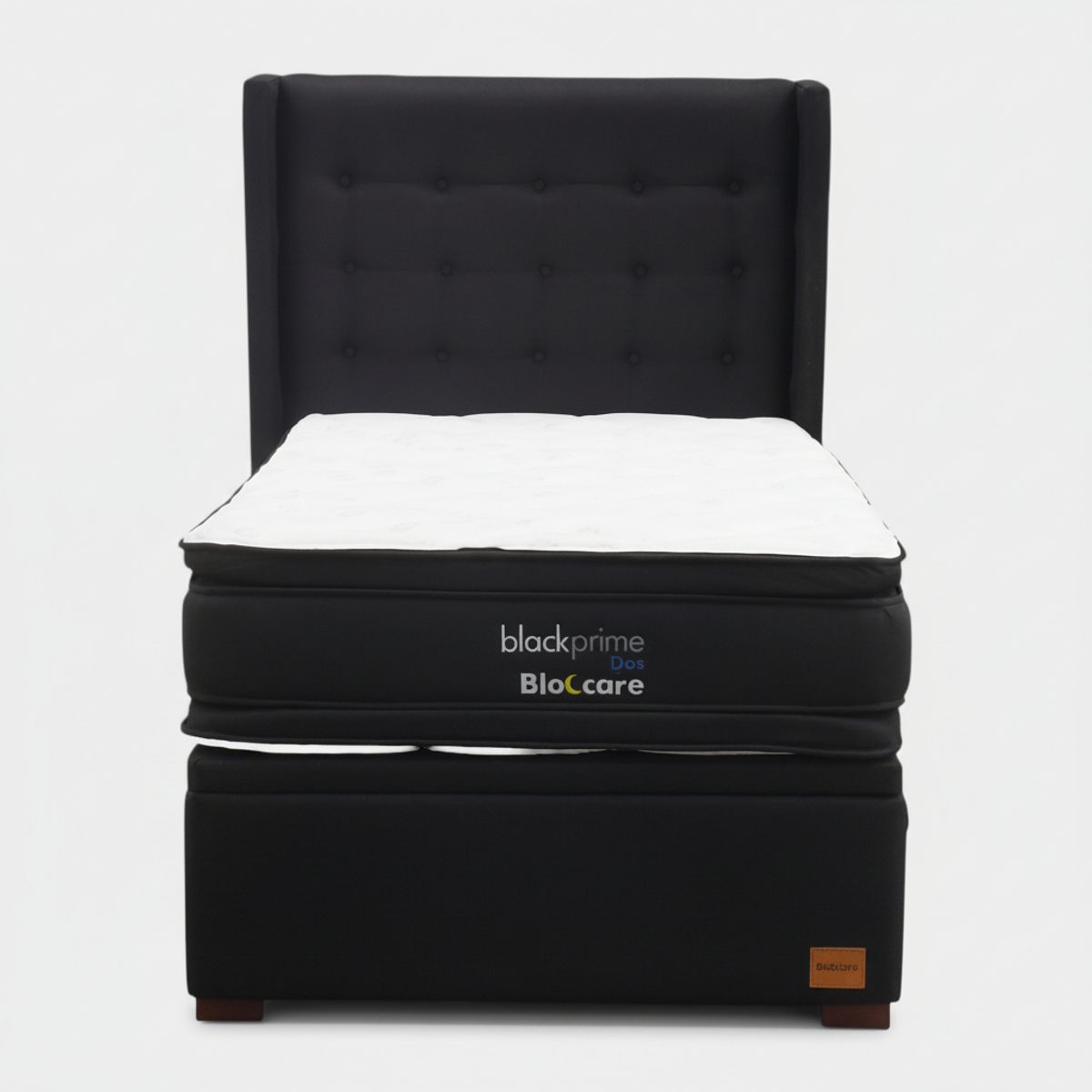 BLOCCARE - Cama Baul 1.5 Plaza L200 cm + Colchon Black Prime - Modelo Dos + Respaldo / Con Patas de madera 4.5 cm (Negro)