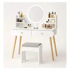 MOVI - Tocador con Espejo y Luz LED Integrada, 2 Cajones y Asiento – Mesa de Maquillaje y Peinado