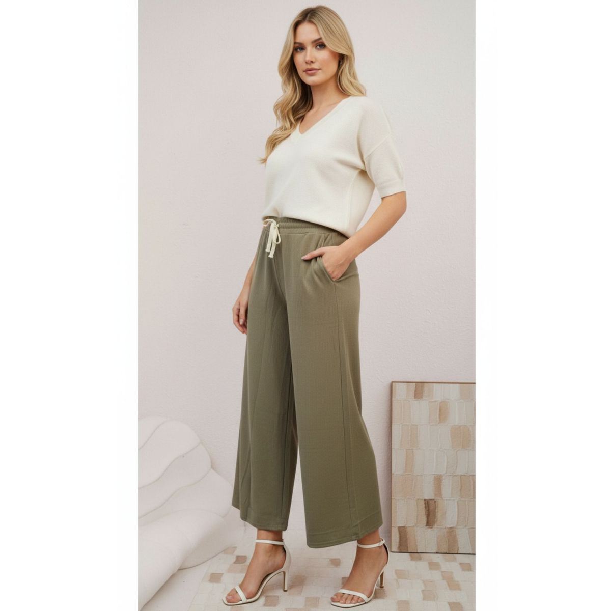 LIKE SHOP - Pantalón Mujer Texturizado Pierna Ancha Tela Elasticada 30002