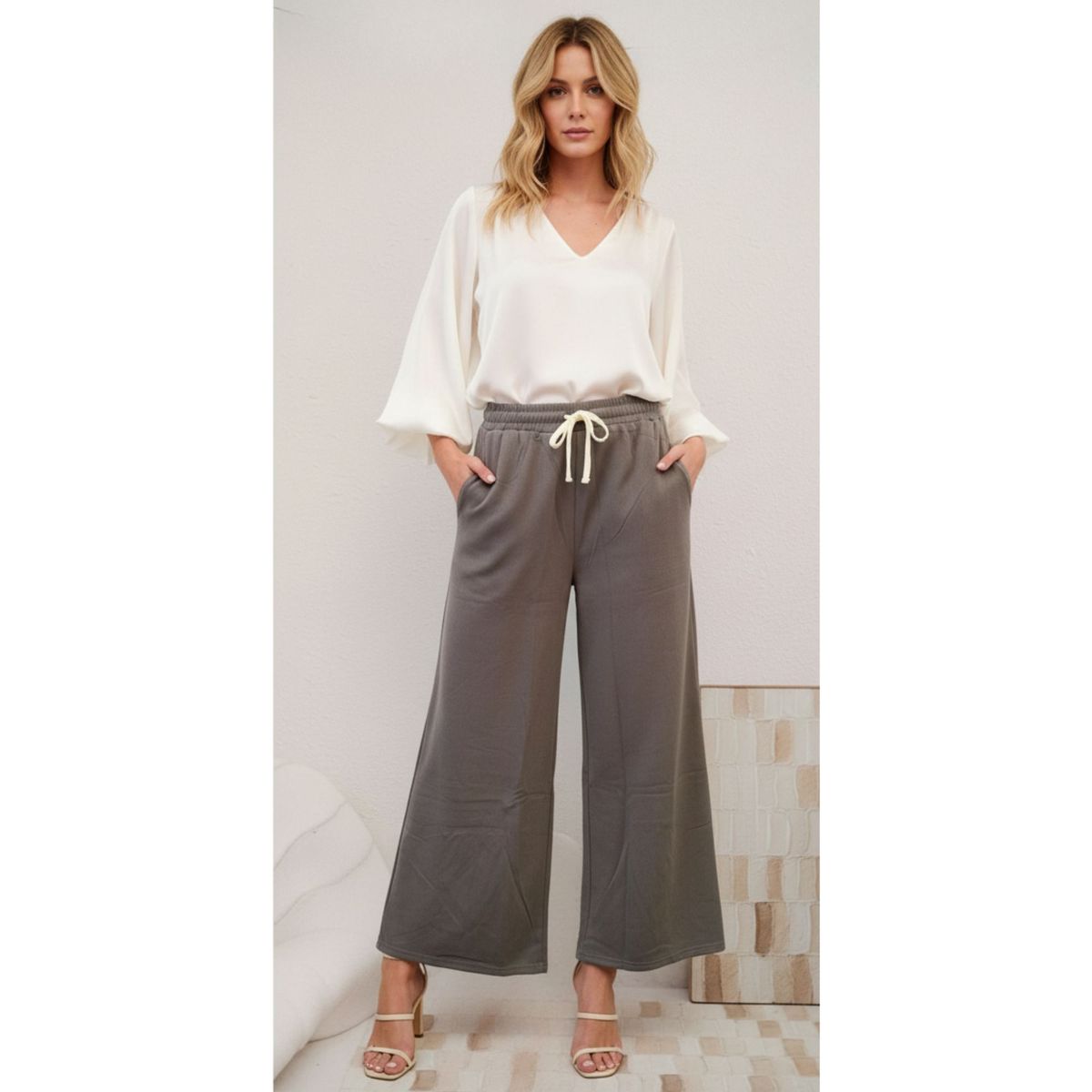 LIKE SHOP - Pantalón Mujer Texturizado Pierna Ancha Tela Elasticada 30002
