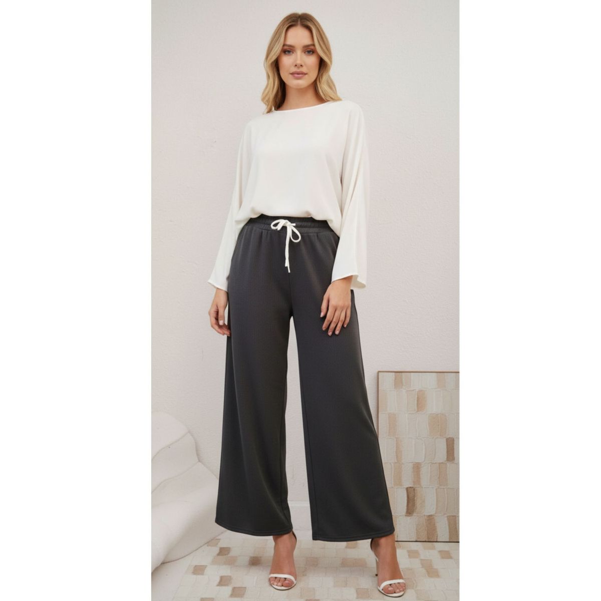 LIKE SHOP - Pantalón Mujer Texturizado Pierna Ancha Tela Elasticada 30002