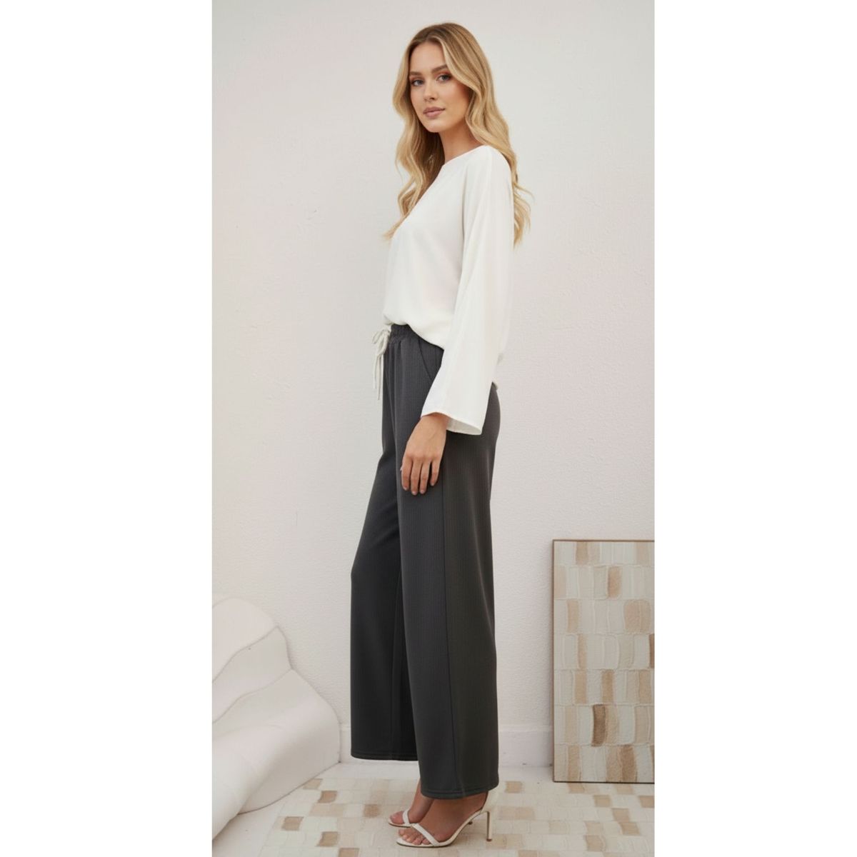 LIKE SHOP - Pantalón Mujer Texturizado Pierna Ancha Tela Elasticada 30002