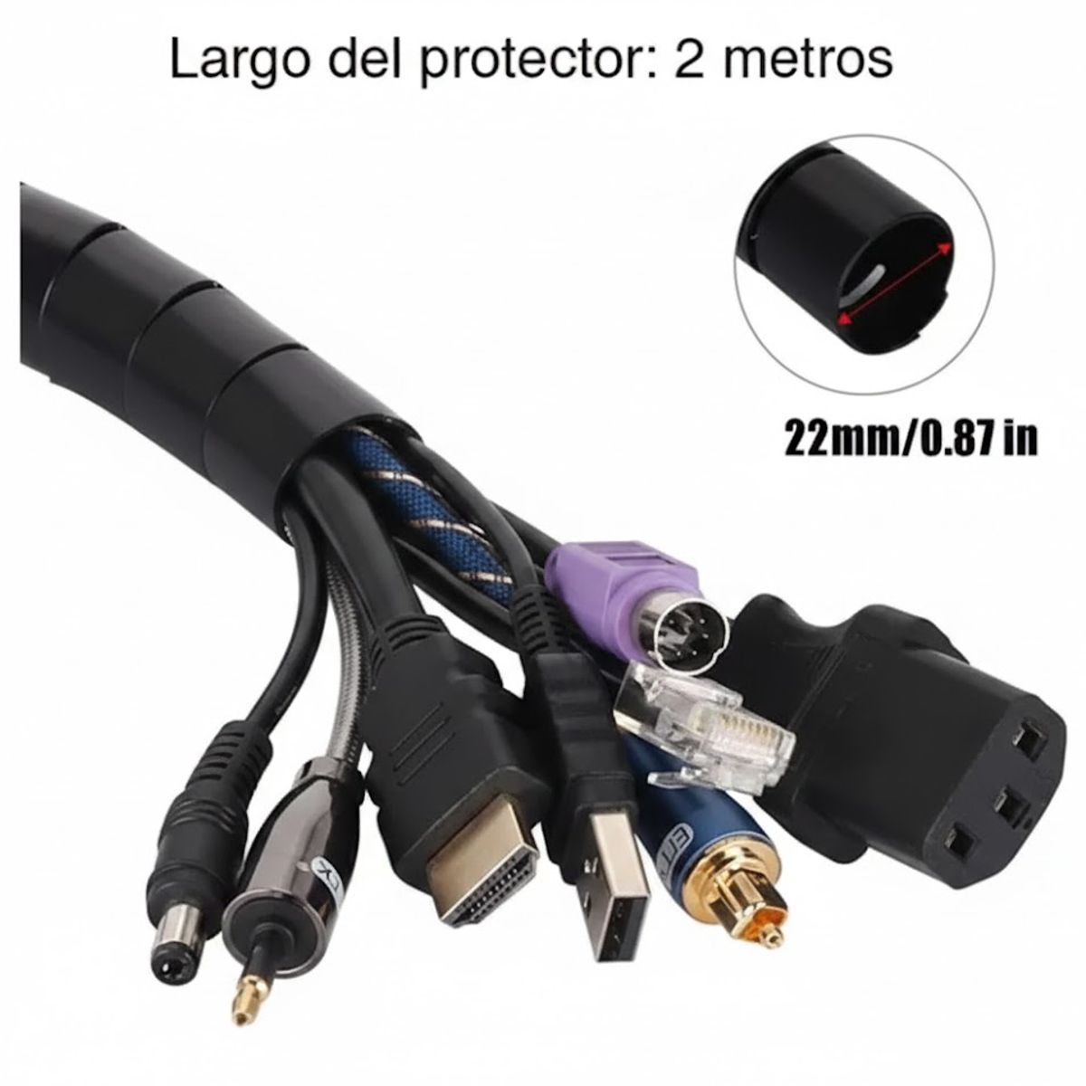 GENERICO - Organizador De Cables En Espiral Diámetro 22mm 2.5 Metros Negro