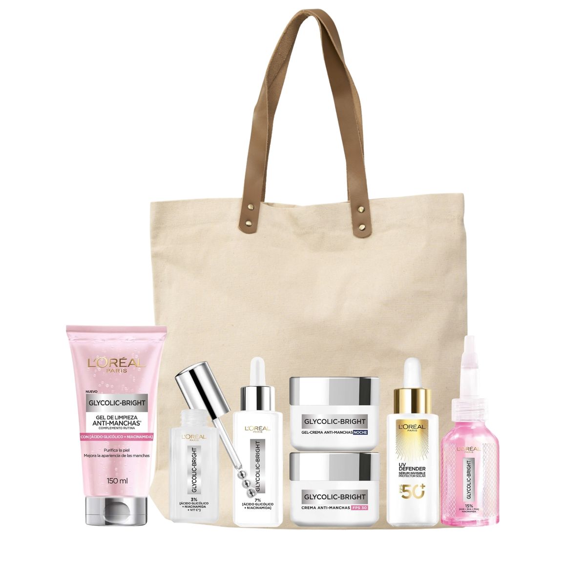 LOREAL PARIS - Rutina Anti-Manchas L'Oréal Paris Glycolic Bright 7 Productos + Bolso Tote FPS50
