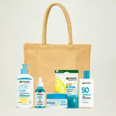 GARNIER - Set Cuidado Facial Antimanchas Express Aclara 5 Pasos - Serum Hidratante UV FPS50 + Bolsa de Yute