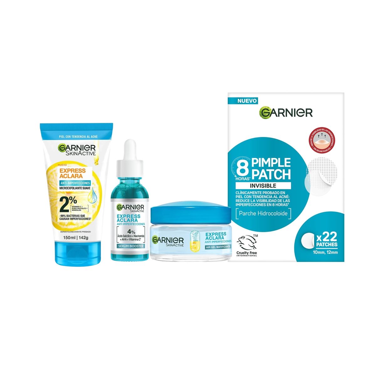 GARNIER - Kit Anti-Acne Ceramida Garnier SkinActive 4 Pasos Limpiadora Serum Air Gel y Pimple Patch