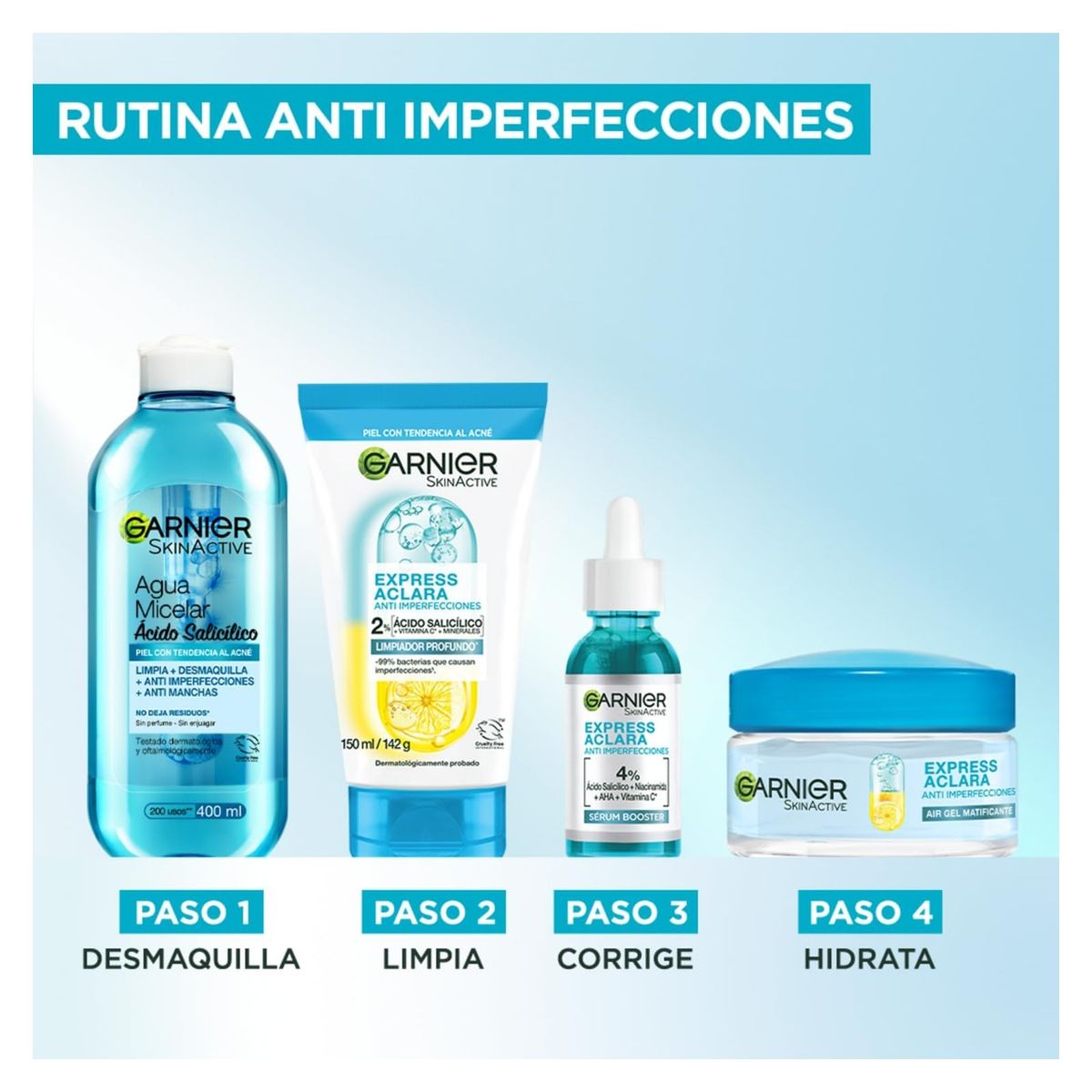 GARNIER - Kit Anti-Acne Ceramida Garnier SkinActive 4 Pasos Limpiadora Serum Air Gel y Pimple Patch