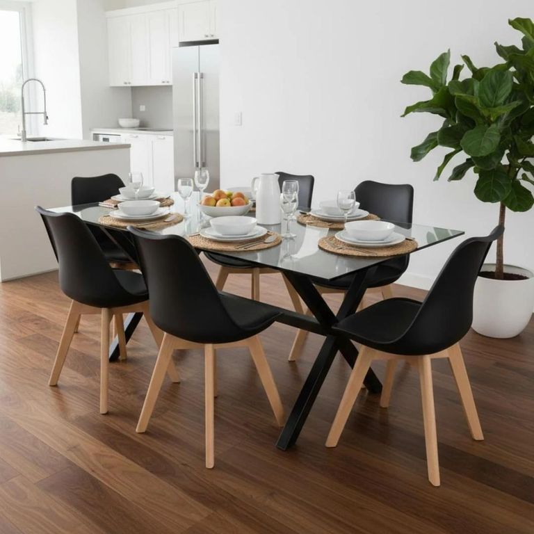 Comedor Mesa Xinia Negro 160x90 cm + 6 Sillas Tulip Negro Negro