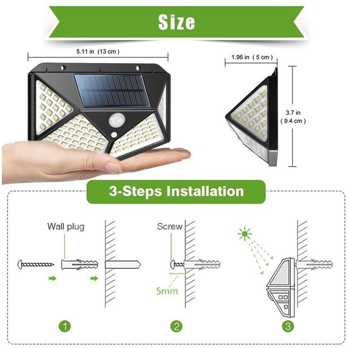 GENERICO - X5 Foco Solar 100 Led 10w Sensor Movimiento Exterior 3 Modos Estructura Negro - 230005 220035