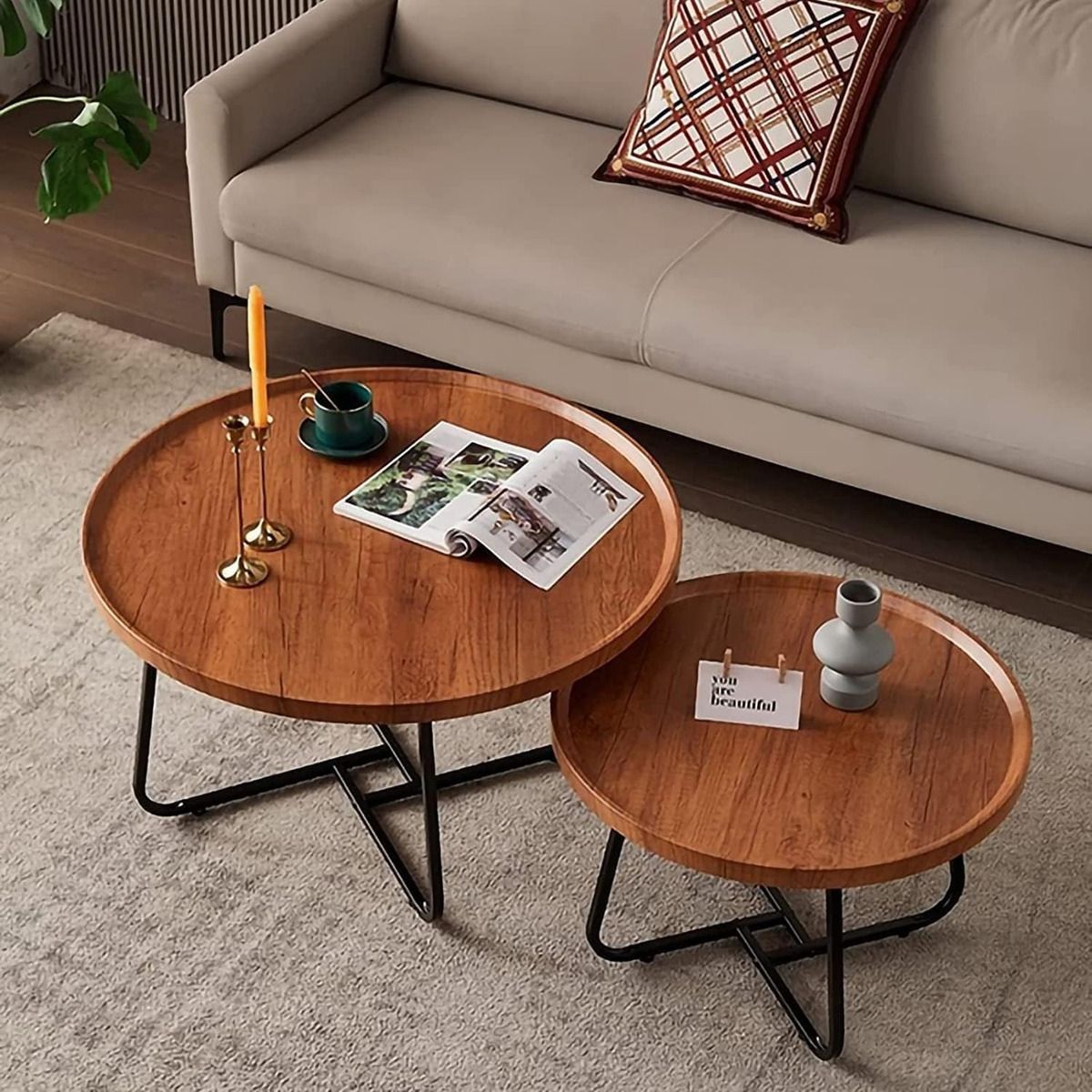 GENERICO - Juego Mesa De Centro Lateral Living Redonda Doble Color Marron - 300067