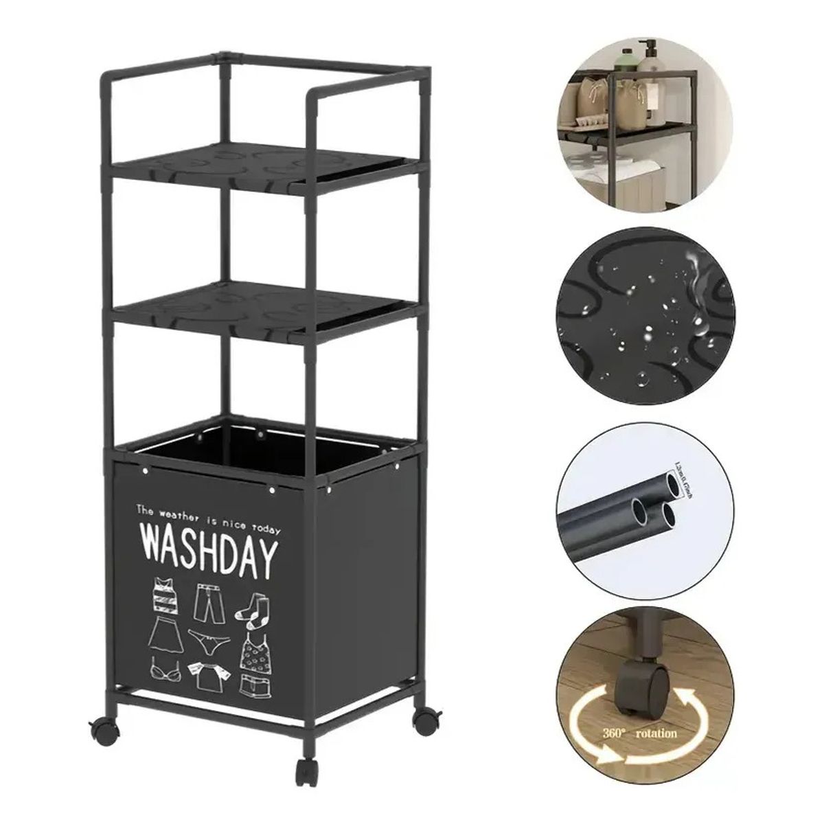GENERICO - Canasto Cesto Ropa Sucia Ruedas Doble Estante Lavanderia Color Negro - 300094