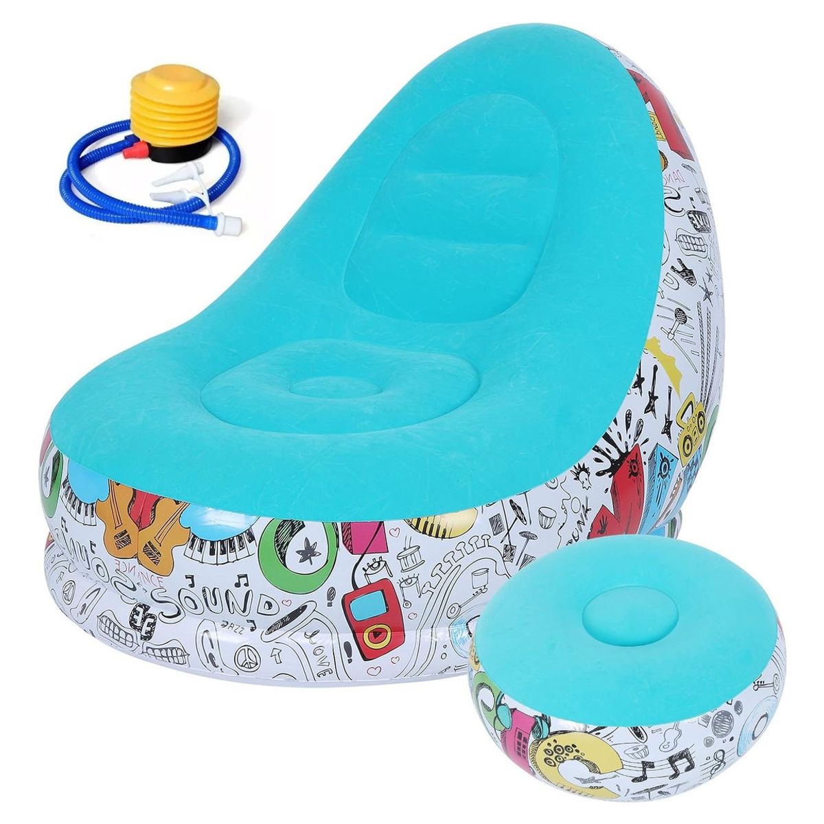 GENERICO - Puff Inflable Tumbona Con Reposa Pies + Inflador Sillón Color Celeste - 212090
