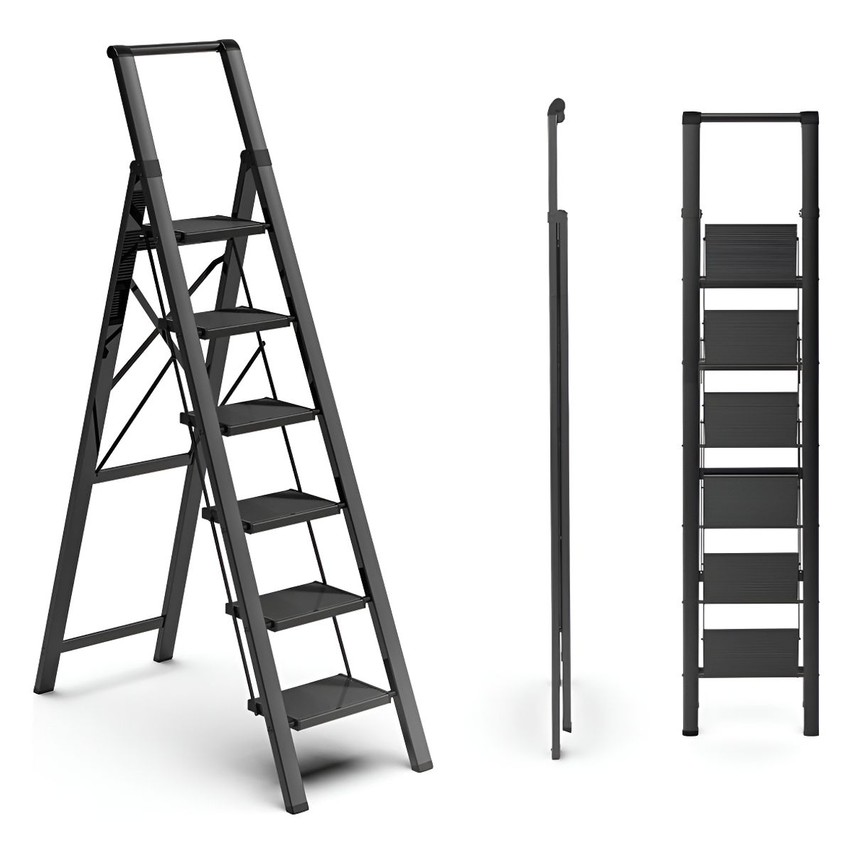 GENERICO - Escalera Banqueta Plegable 6 Escalones Aluminio Soporte Color Negro