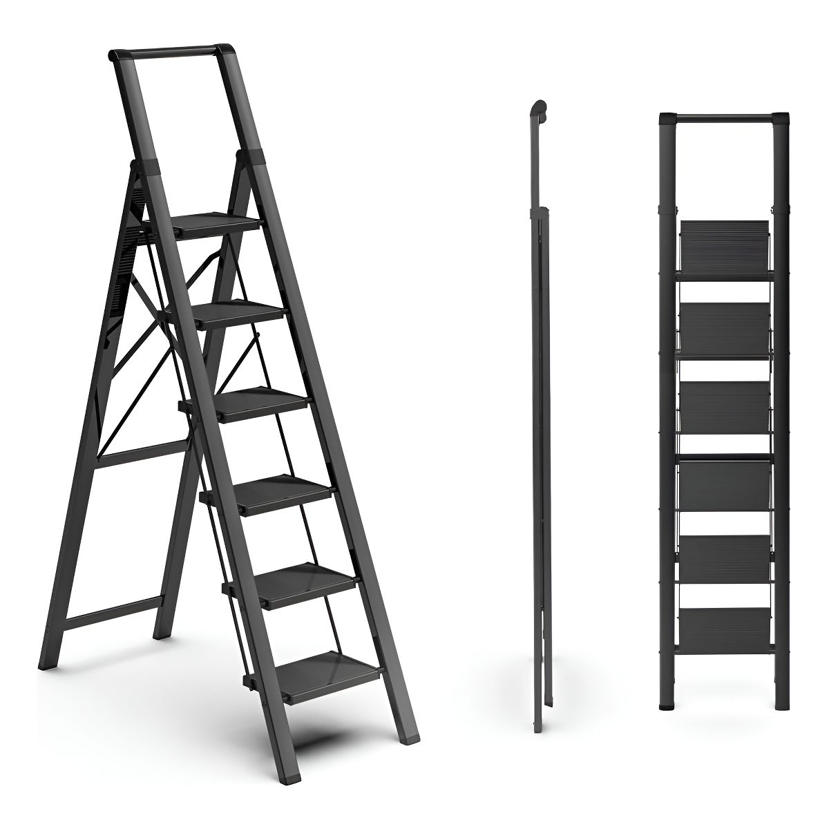 GENERICO - Escalera Banqueta Plegable 6 Escalones Aluminio Soporte Color Negro
