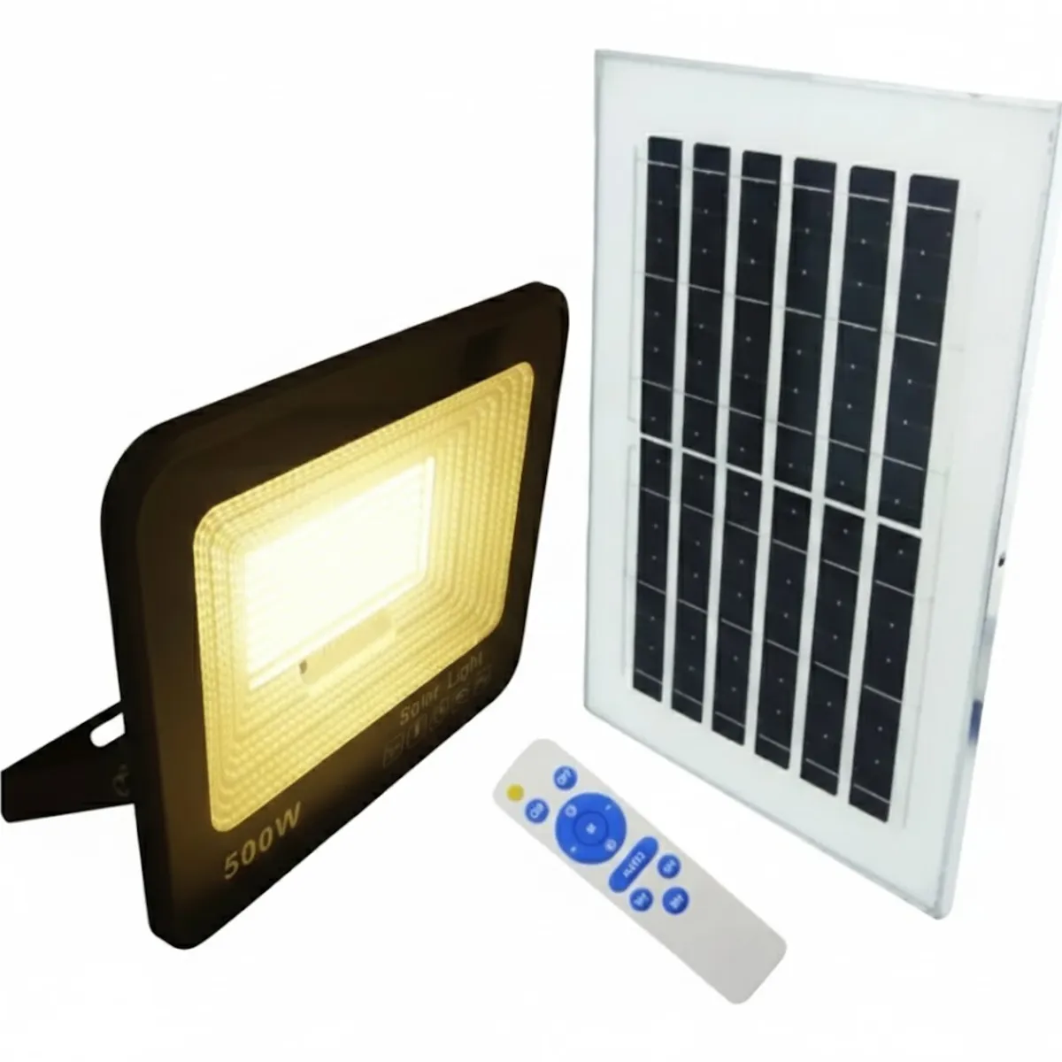 GENERICO - Proyector Solar Led 500 W 200 Led Luz Cálida C/ Control Negro Blanco Cálido