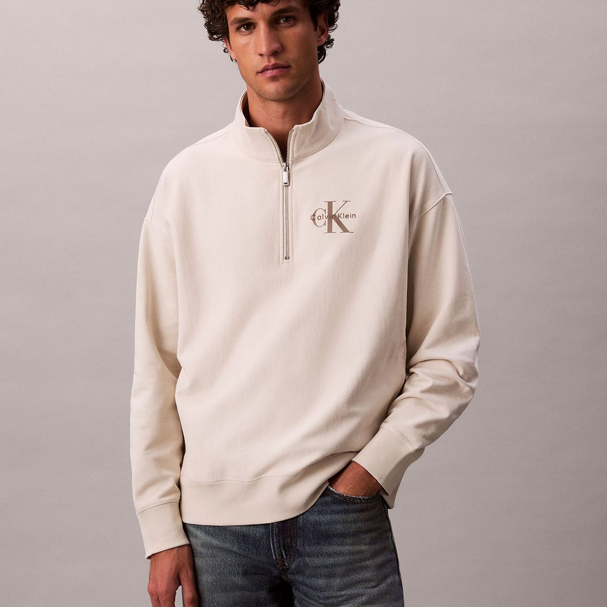 CALVIN KLEIN - Polerón en Tejido de Felpa Premium con Media Cremallera Beige Calvin Klein