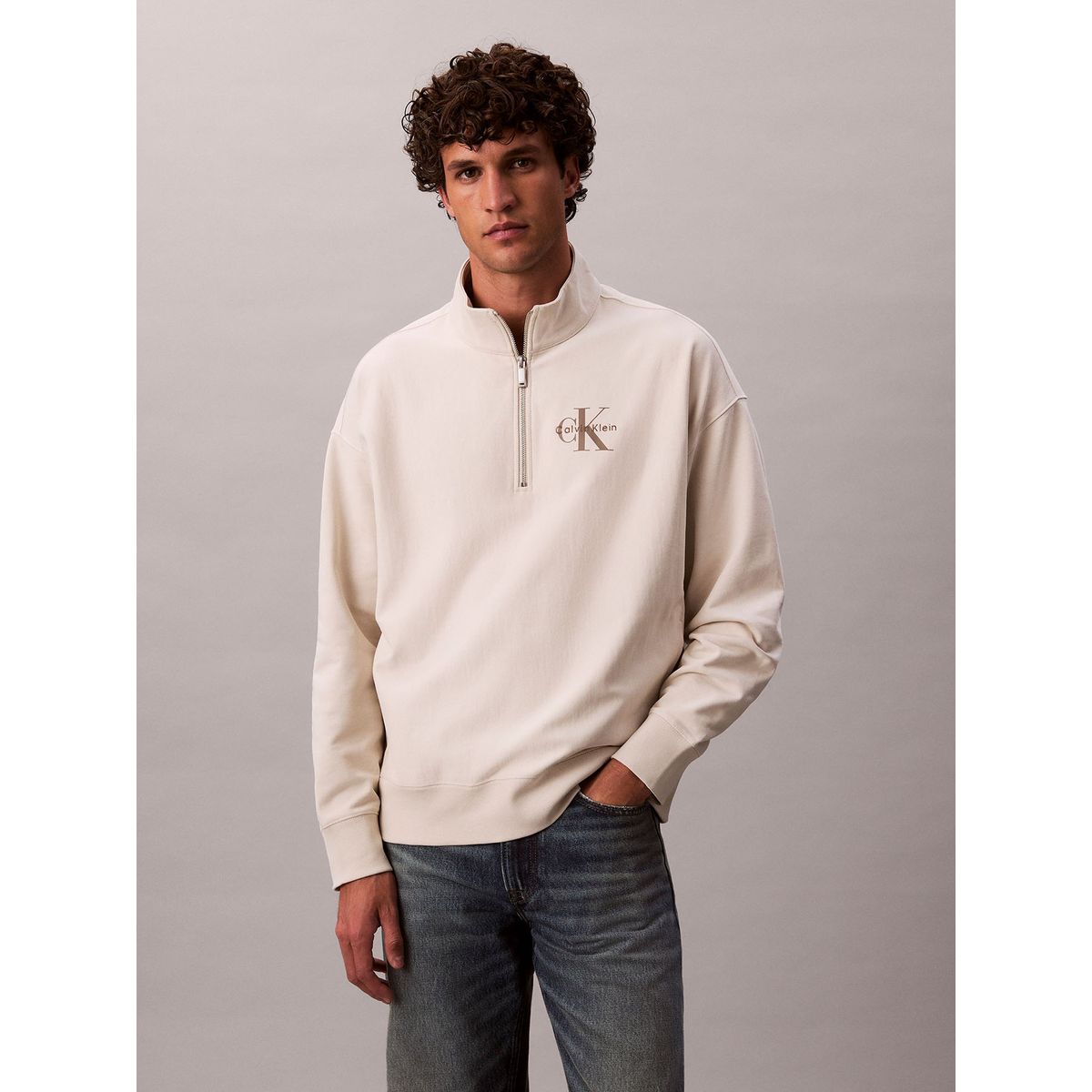 CALVIN KLEIN - Polerón en Tejido de Felpa Premium con Media Cremallera Beige Calvin Klein