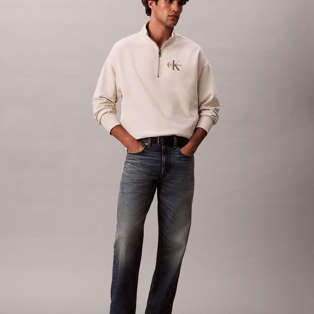 CALVIN KLEIN - Polerón en Tejido de Felpa Premium con Media Cremallera Beige Calvin Klein