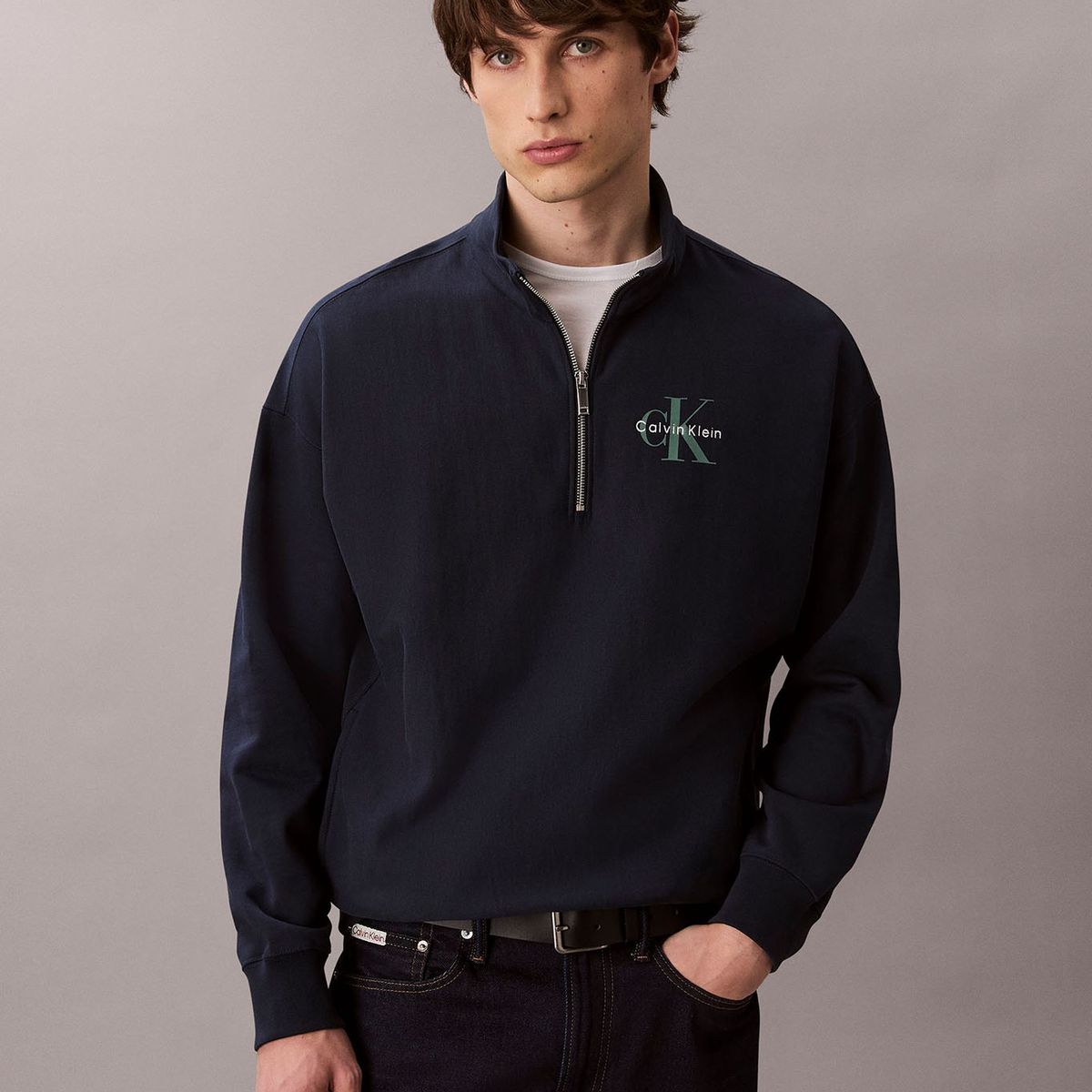 CALVIN KLEIN - Polerón en Tejido de Felpa Premium con Media Cremallera Azul Calvin Klein