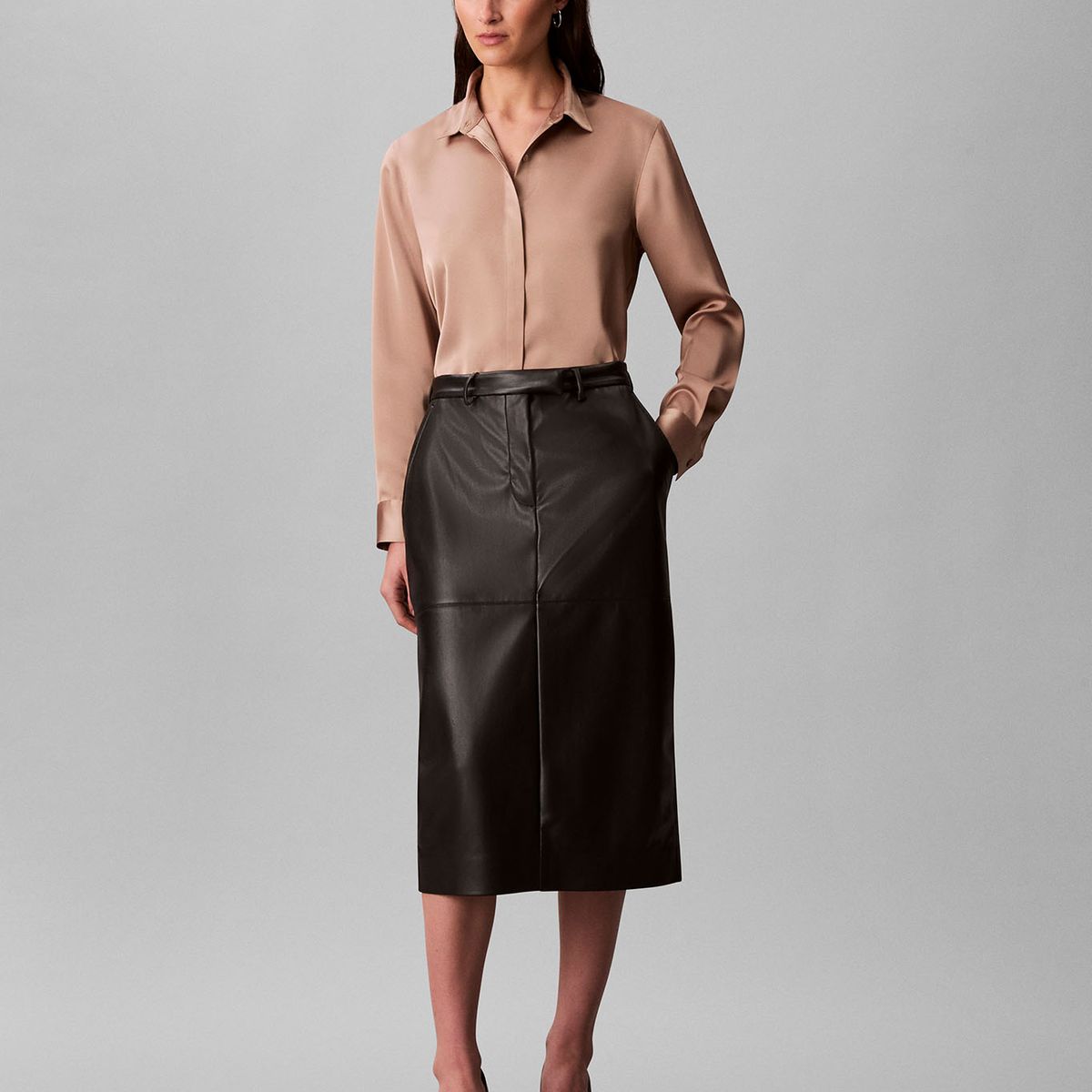 CALVIN KLEIN - Falda Midi De Cuero Sintético Negro Calvin Klein