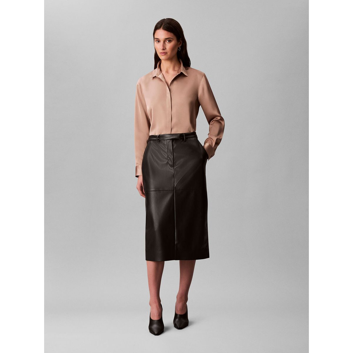 CALVIN KLEIN - Falda Midi De Cuero Sintético Negro Calvin Klein