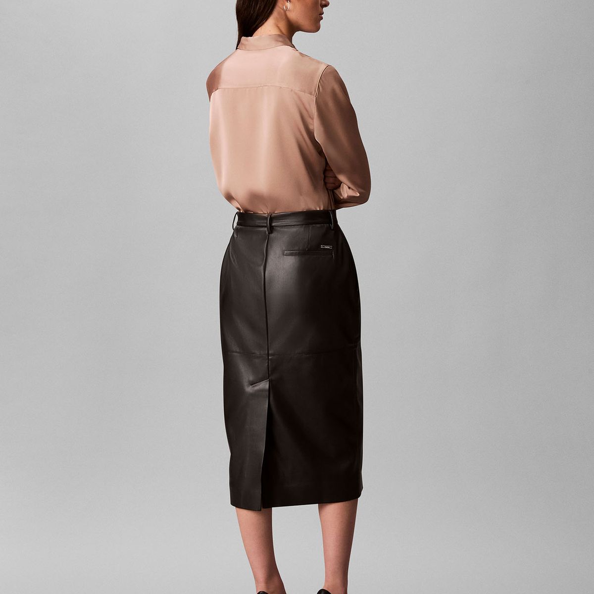 CALVIN KLEIN - Falda Midi De Cuero Sintético Negro Calvin Klein