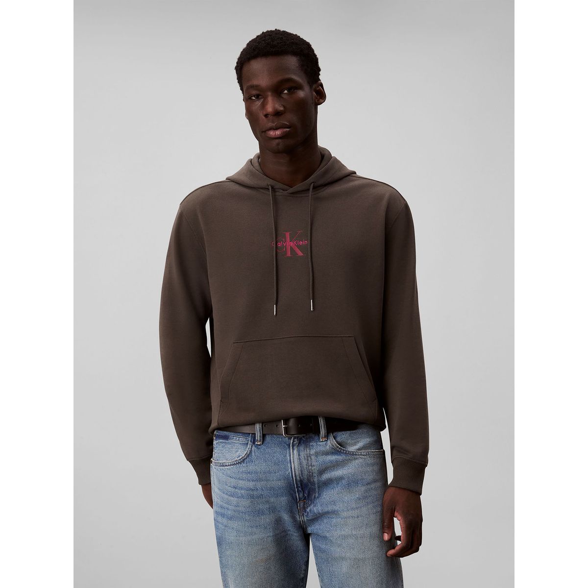 CALVIN KLEIN - Polerón con Gorro y Logo Gris Calvin Klein