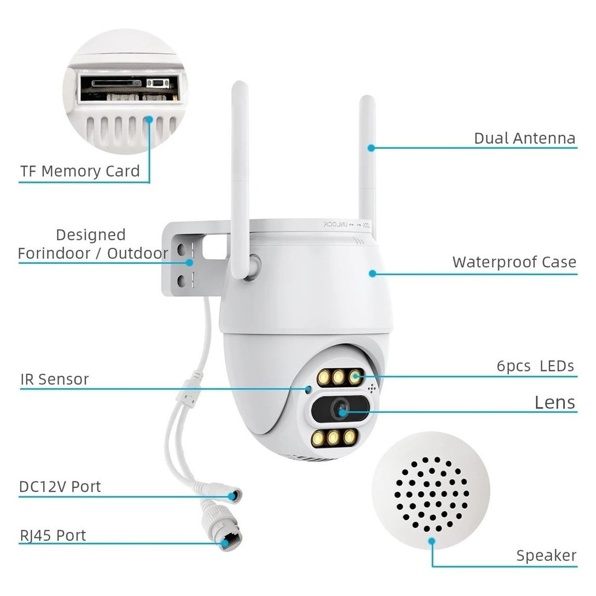 GENERICO - Smart Camara Ip Wifi Alarma Exterior 5mp Anti Agua Ip66 Color Blanco - A16