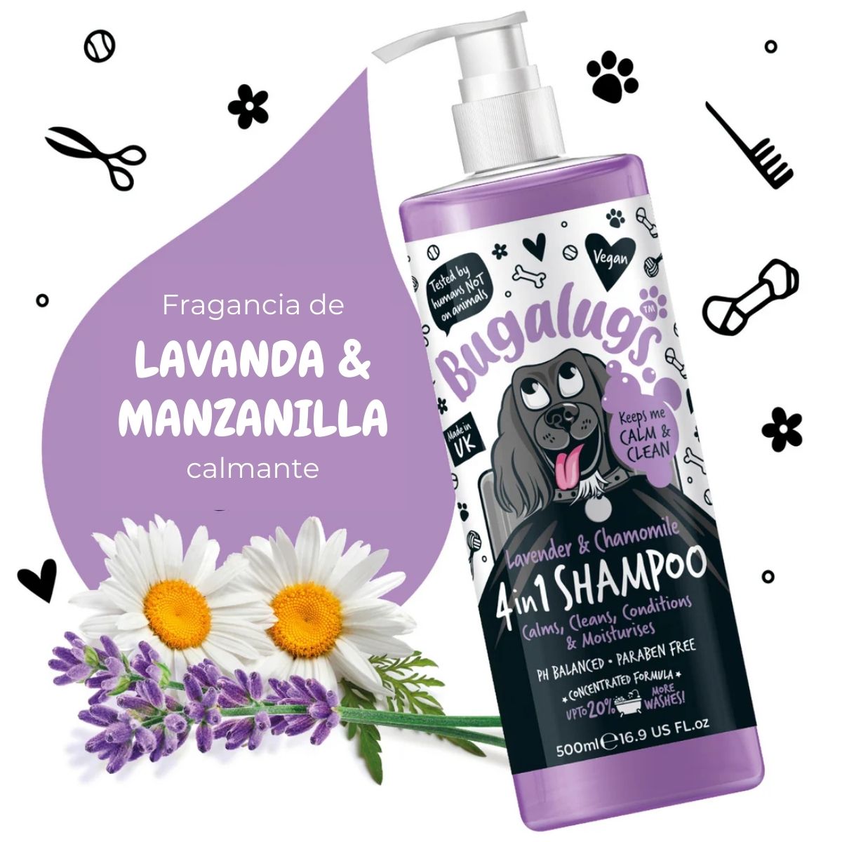 GENERICO - Shampoo Mascotas 4 En 1 Lavanda Manzanilla Bugalugs