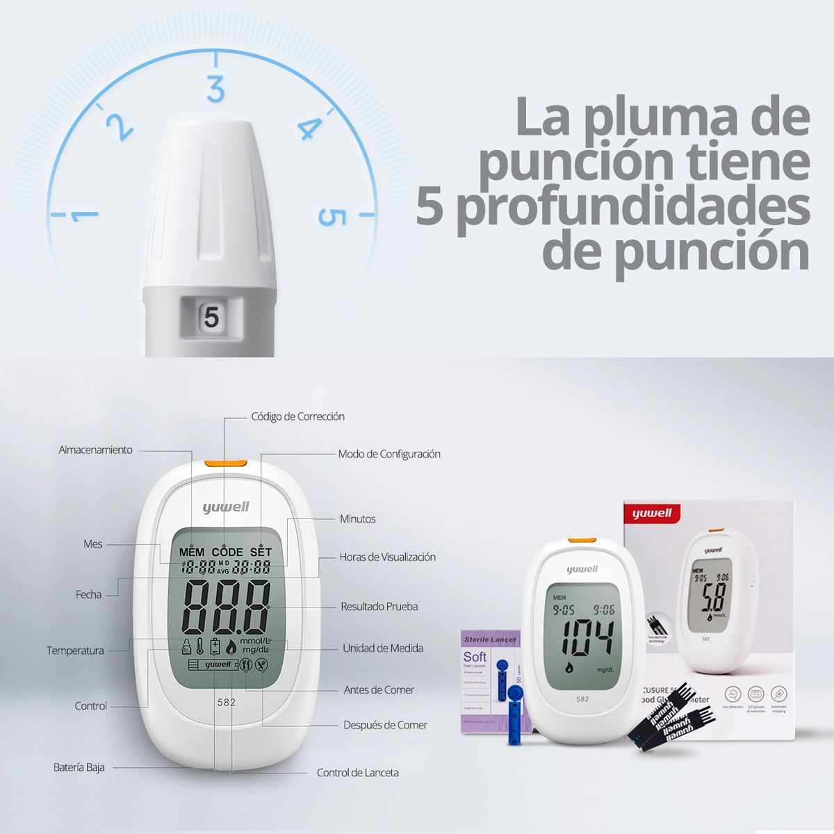 TOPMEDIC - Glucómetro Inteligente Yuwell 582 Medidor Glucosa Glicemia Voz y Bluetooth 200 Cintas 200 Lancetas