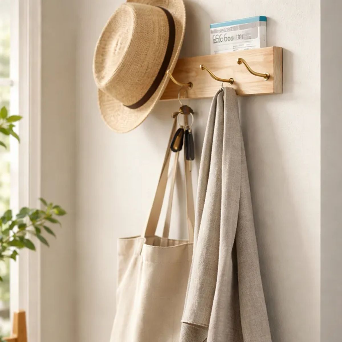 GENERICO - Perchero De Pared Madera 60cm Con 5 Ganchos Metálicos