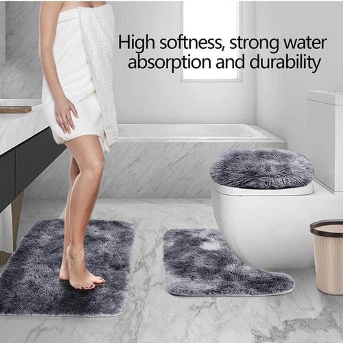 GENERICO - Set Alfombras De Baño 3 Piezas Peludo Color Liso Juego De 3 Gris - 323001 Lisa