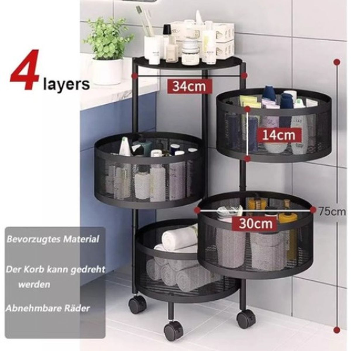 GENERICO - Carrito Organizador Multiuso Con Cestas Giratorias 4 Niveles Negro - 327025