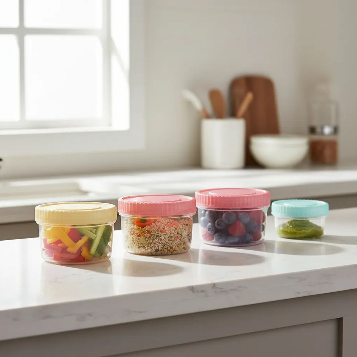 GENERICO - Set 4 Potes Plásticos Colores Tapa Rosca Alimentos Bebé