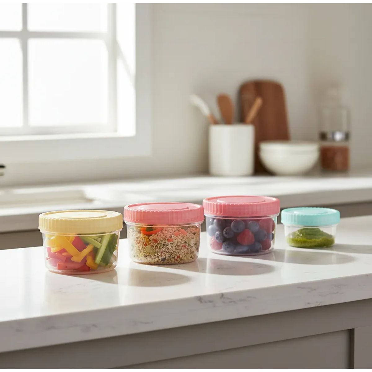 GENERICO - Set 4 Potes Plásticos Colores Tapa Rosca Alimentos Bebé